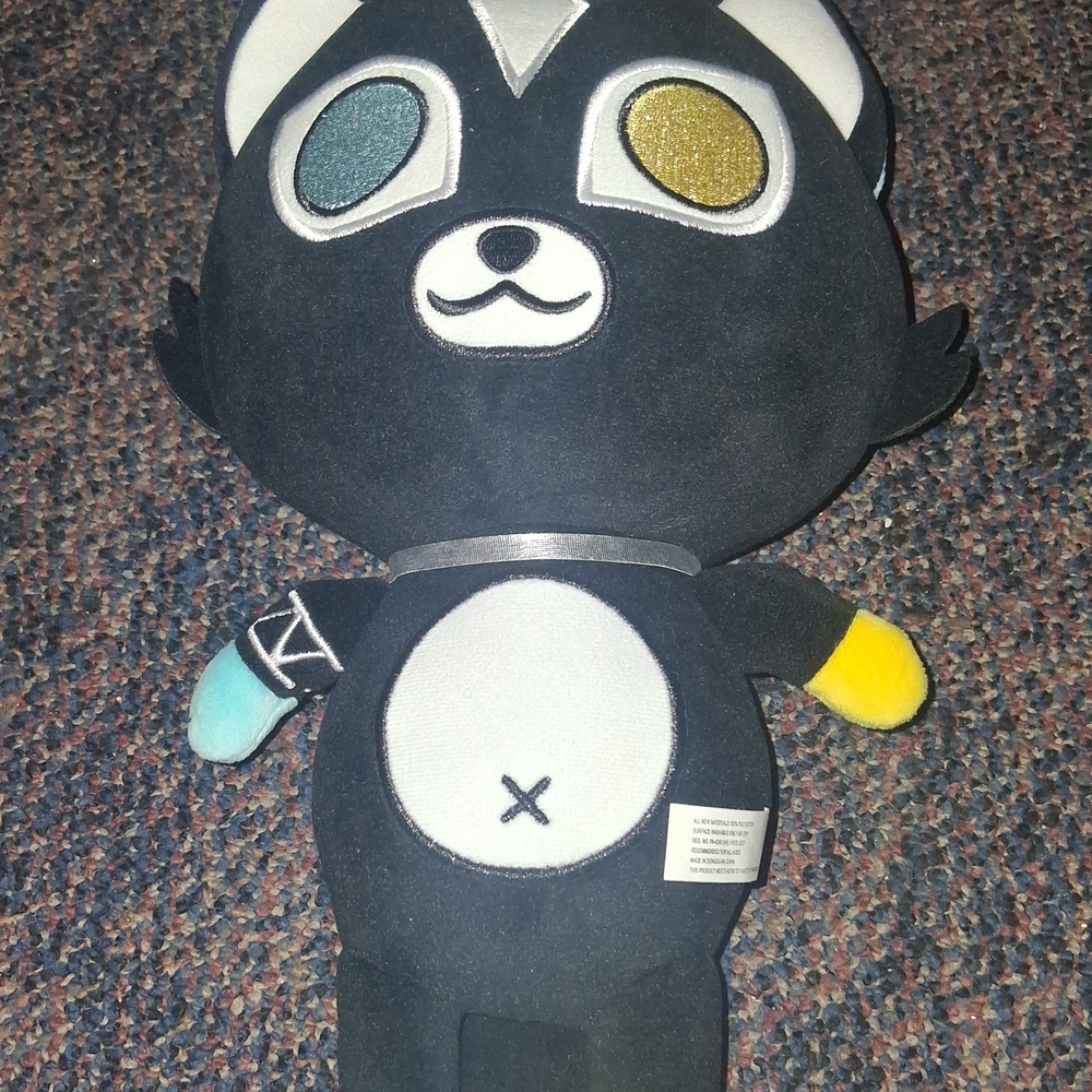 Black Plush Raccoon Stuffed Animal with Blue and Yellow Accents